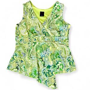 VTG Paisley Asymmetrical V-Neck Empire Babydoll Top Fairycore Y2K Green Tink S
